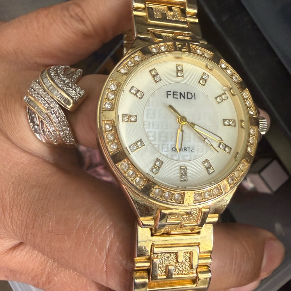 Fendi Gold and Silver Women's Watch with Crystal Details
